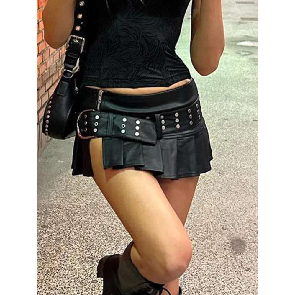 IAMSURE Sexy Slim A-Line Pleated Split Skirt With Sashes Solid Metal Buckle Low-Waisted Super Mini Skirts Women 2023 Summer