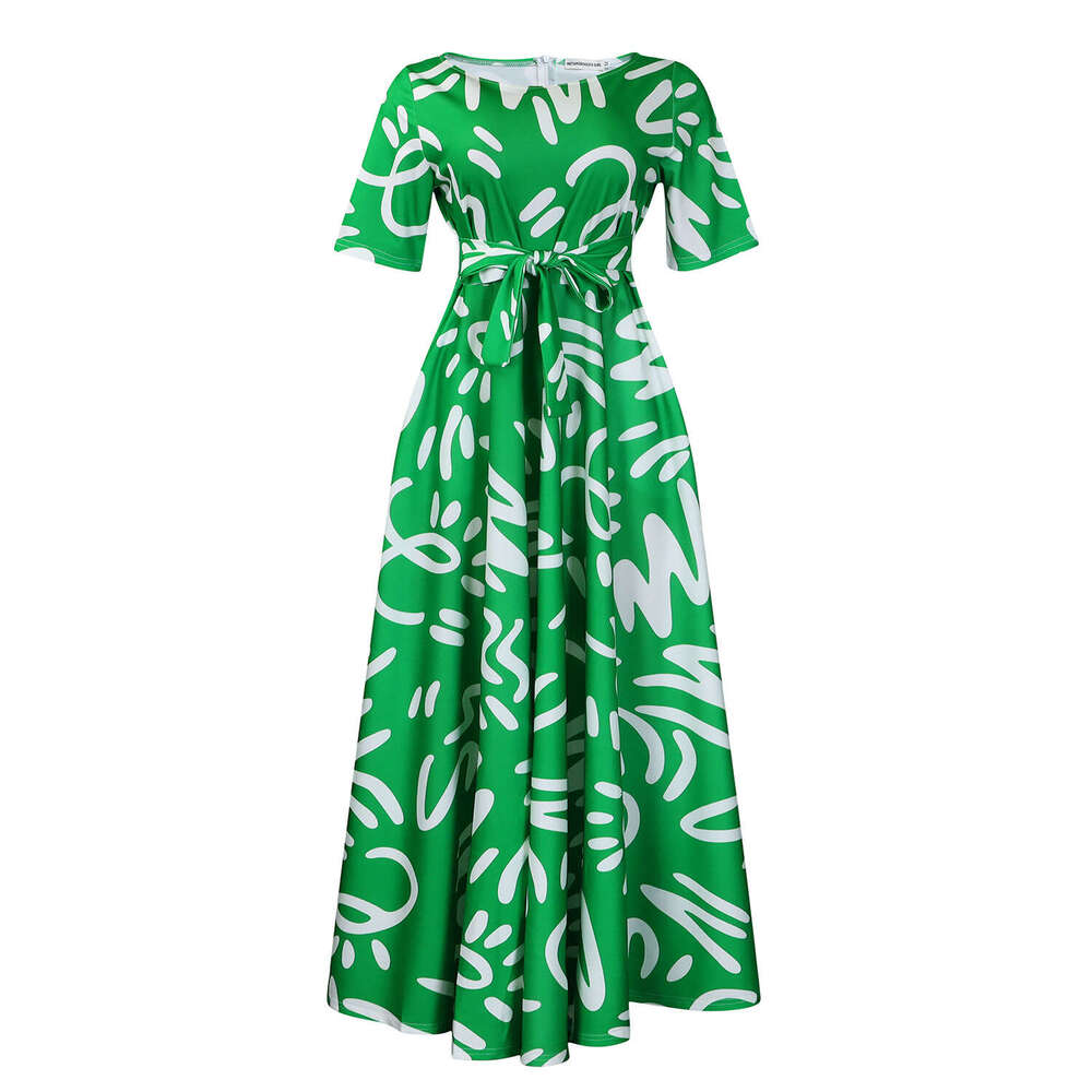 Women's Wear D3323 Women's Clothing New Fashionable Temperament Lace Up Printed Short Sleeved Big Swing Dress
