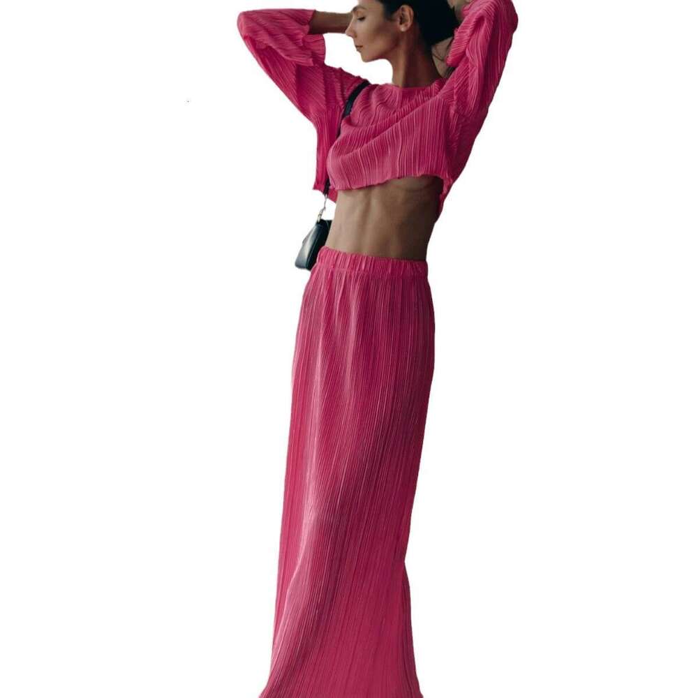 Women's Wear Women's Pleated For Spring/Summer With Flared Sleeves And Short Top+Mid Length Skirt Set