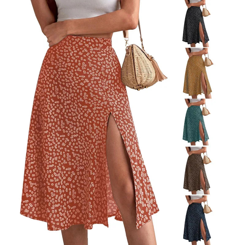 Spring and summer womens versatile floral zipper split Aline skirt 250514