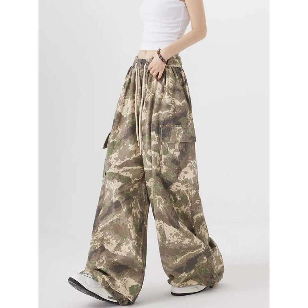 Zoki Streetwear Camouflage Cargo Women High Waist Y2K Haruku Wide Leg Trousers Vintage American Pockets Lace Up Pants