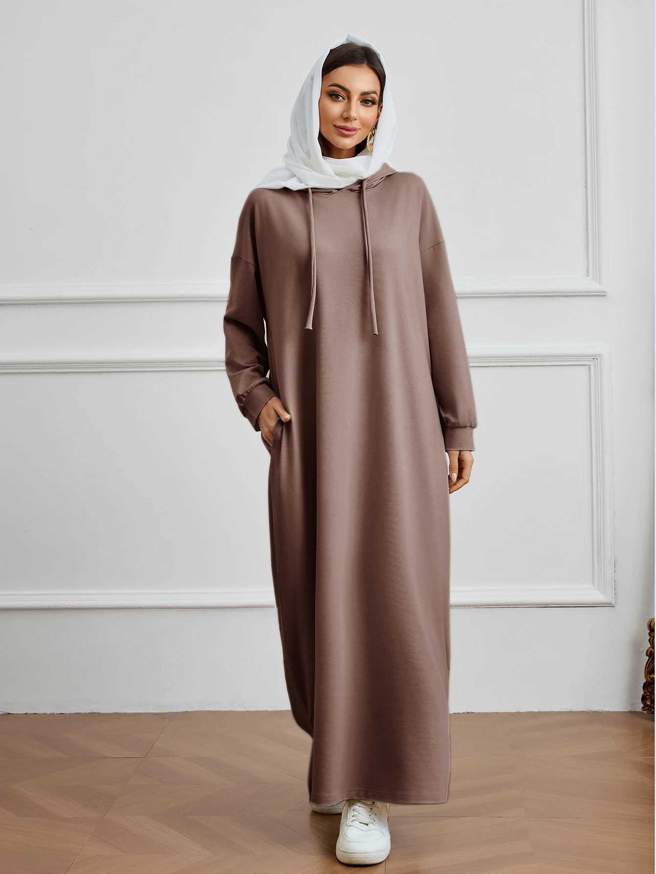 Muslim Womens Brown Hooded Abaya Loose Fit with Pockets Great for Daily and Semi - formal Wear in Middle East Islamic Societies X250514