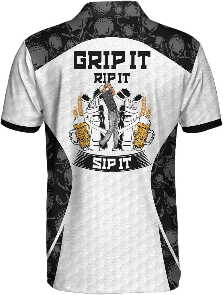 Mens Polo shirt Grip I Rip I Sip I Golf Whie Polo Shir, Skull Paern Shir for Chrismas, Scary Gif Idea for Golfers, Mens Polo Shirs for Gifs, Shor Slee