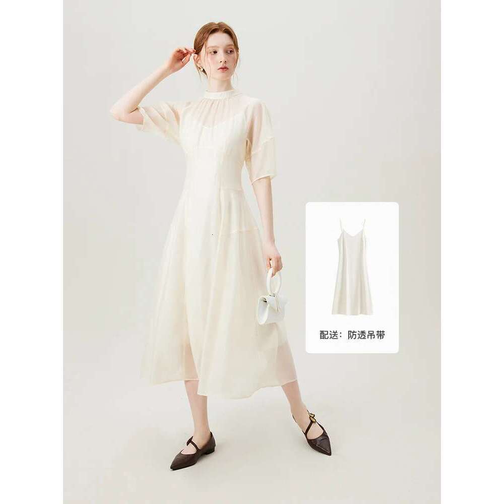 FSLE Women Long Summer Temperament Two Piece Beige Lyocell Short Sleeve Dress+Sleeveless Vest Dress Suit 24Fs12929