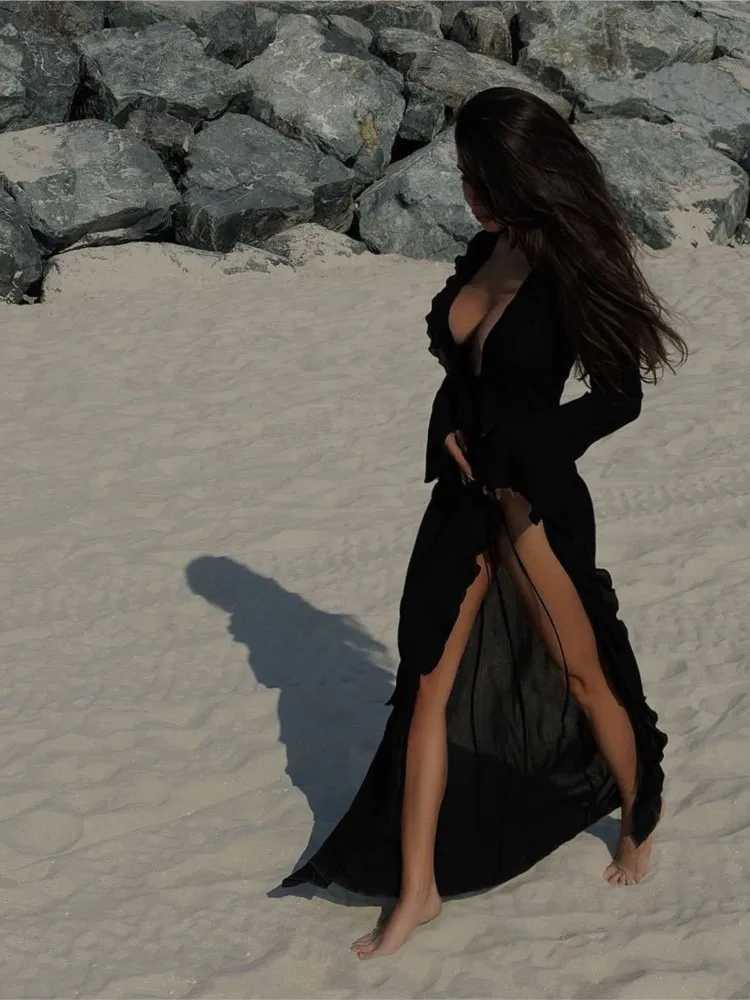 Sexy V Neck Ruffled Long Sleeve Chiffon Tunic Beach Cover Up Cover-ups Dress Sunscreen Beachwear Vacation Bikini Cover SkirtXJ250514