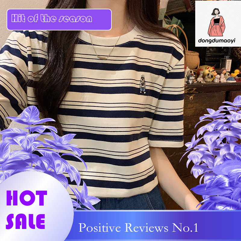 dongdumaoyi Short sleeved T-shirt 2024 summer new women's striped loose Hong Kong style embroidery design feeling slimming round neck top