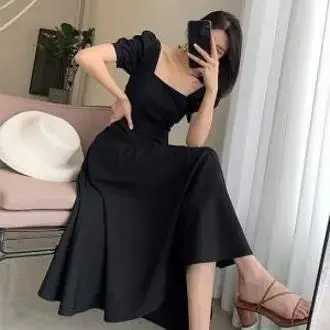 2023 New Summer Dress Womens Vintage Square Collar Tea Time Skirt Plus Size Over Knee Long Style Hepburn Trendy Black DressXJ250514