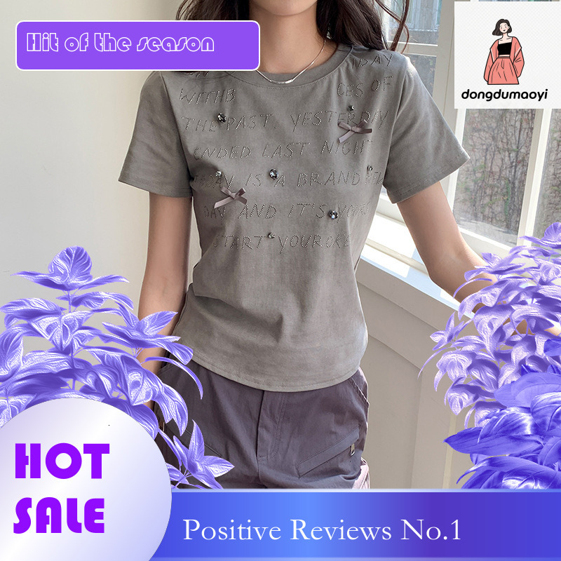 dongdumaoyi Bow heavy industry diamond inlaid gray shoulder short sleeved T-shirt for women's summer style, unique slim fit and slimming round ne