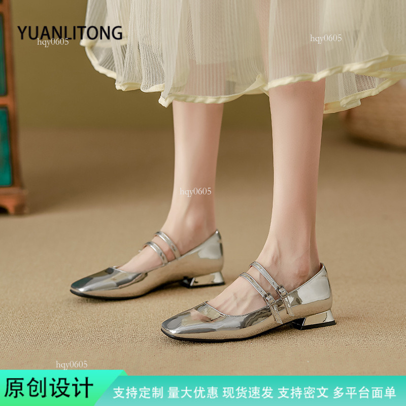 Top quality brand, high-quality new designer shoes, silver women's single square low heel small leather soft sole ballet shoes, fashionable shoes