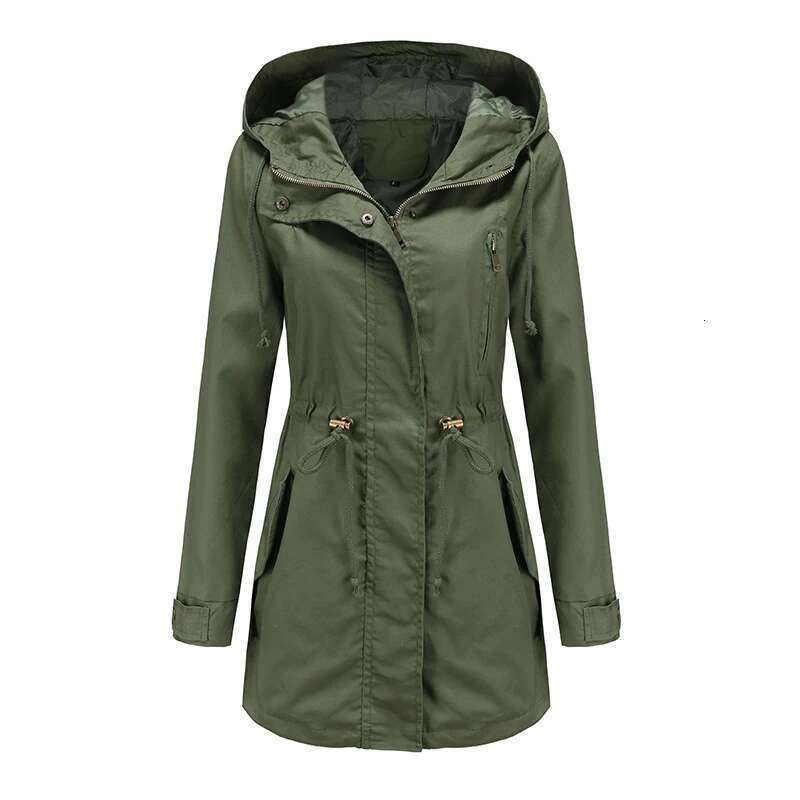 New Cotton Hooded Trench Coat Spring Autumn Jacket Zipper Loose Drawstring Solid Color Windbreaker Women's Clothing