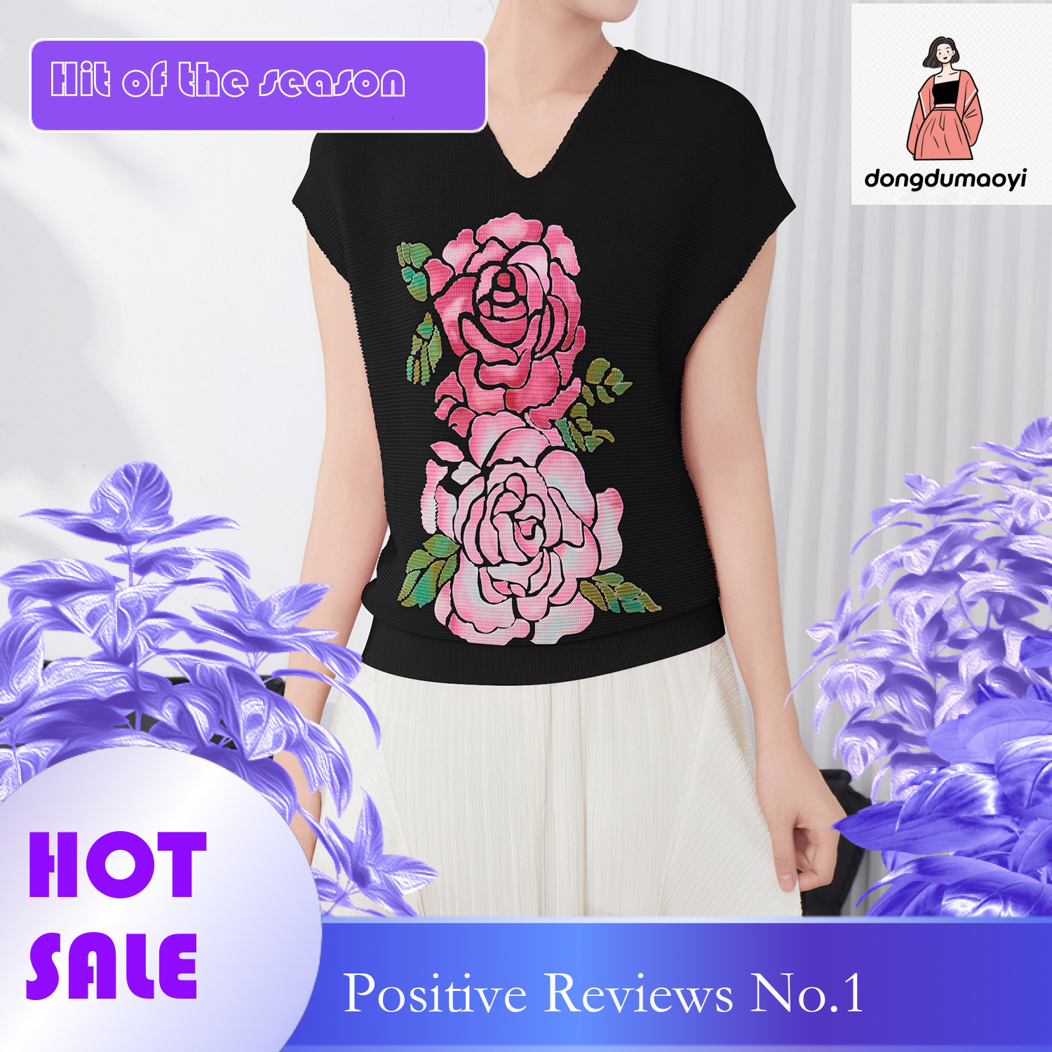 dongdumaoyi Miyake versatile design, niche fashion temperament, new pleated rose print V-neck short sleeved t-shirt for women