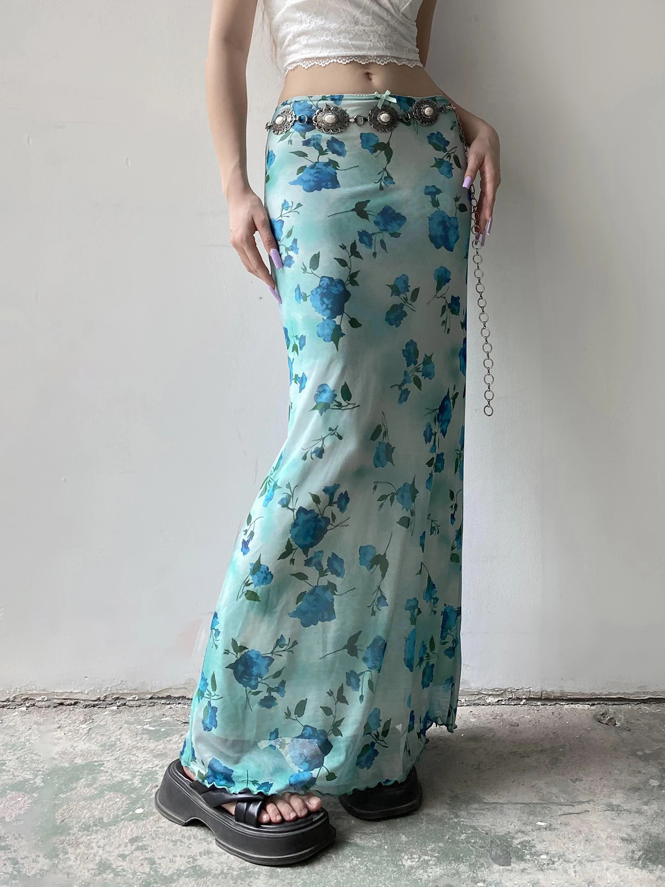 Rockmore Floral Print Bow Front Lettuce Trim Long Mermaid Skirt for Party Holiday Wedding Guest Elegant High Waist Bodycon 250514