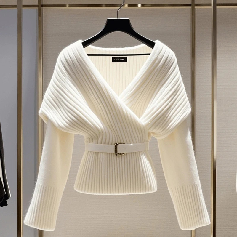 Fashion Women White Knitted Sweater Blouses V-neck Long Sleeve Vintage Top Soft Pullovers Sweater 2025 Autumn Winter 250514
