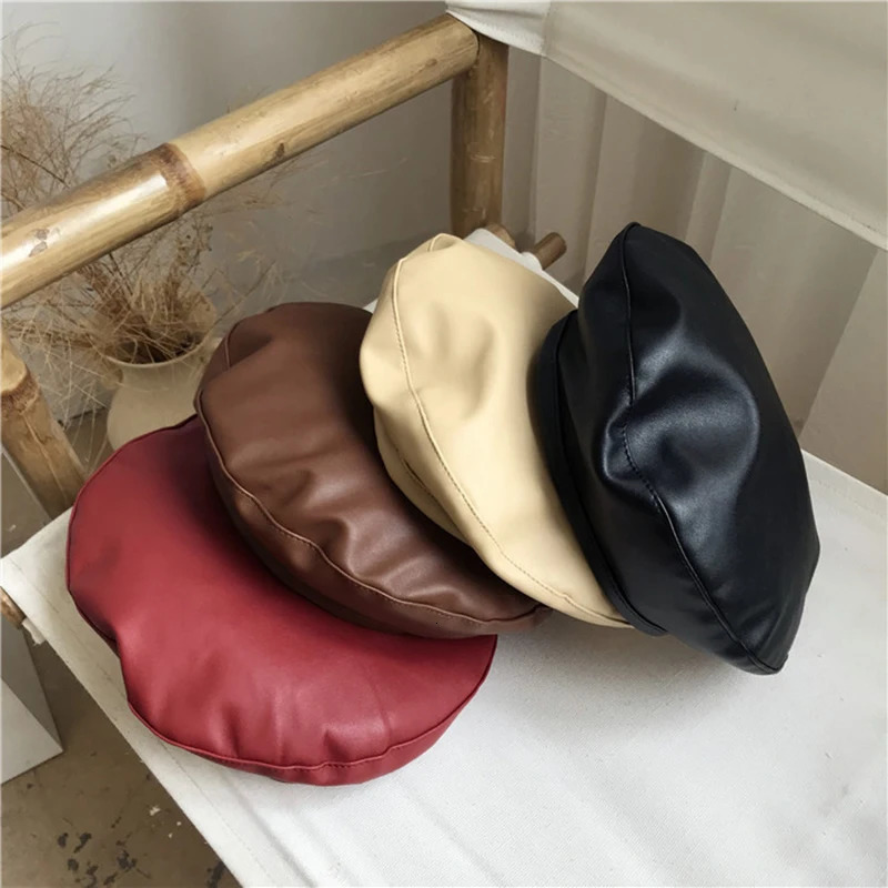 Women Girl Beret Hat French Retro Artist Beanie Hat Elegant Solid Color PU Leather Lady Painter Cap Spring Autumn Lady Berets 250514