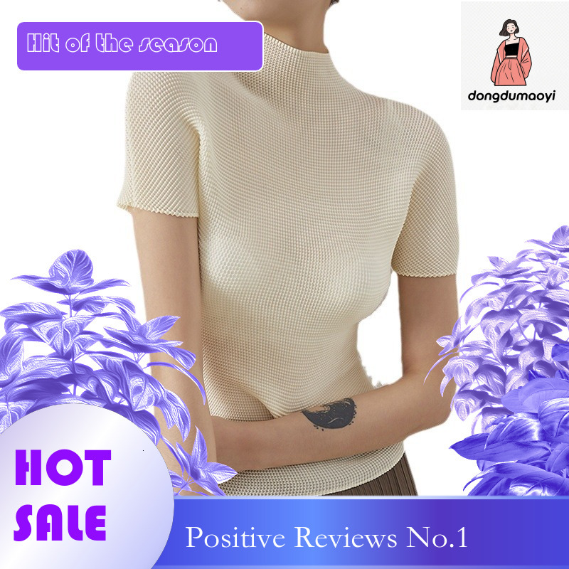 dongdumaoyi Japanese high-end pleated top women's summer Miyake new style temperament semi high neck slim fit elastic slimming short sleeved T-sh