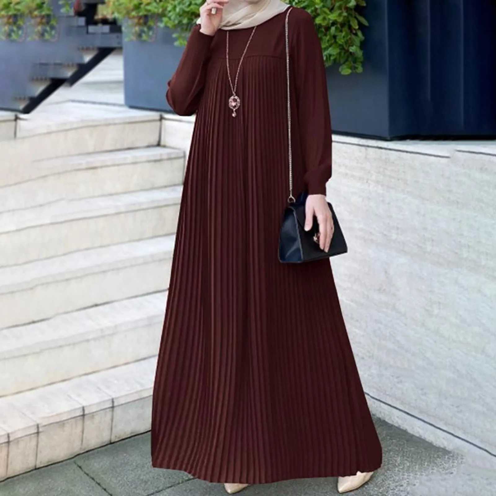 Fashion Ruffles Hem Muslim Sundress Women Pleated Puff Slve O-Neck Dress Autumn Elegant Party Abaya Vestidos Islamic Clothing X250514