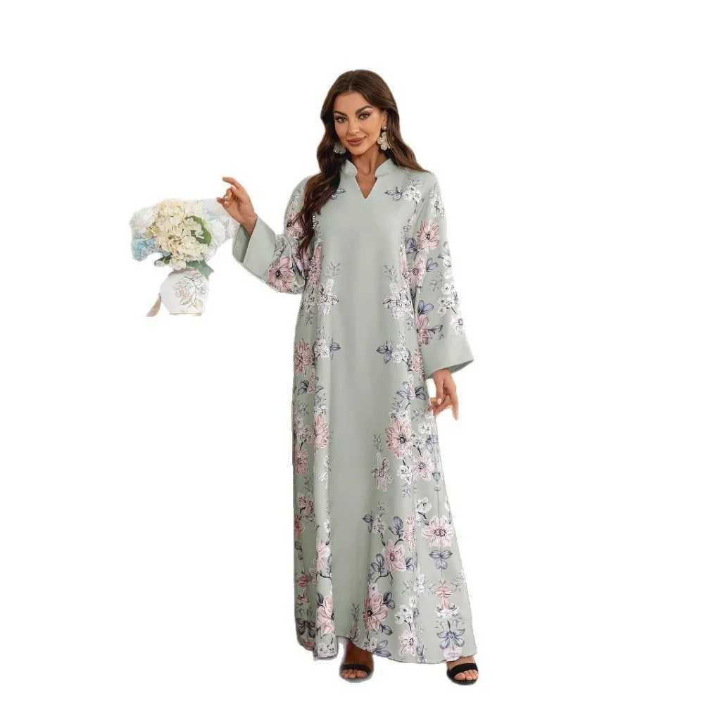 New Long-Slves Loose Dress Middle East Saudi Muslim Womens Long Robe Floral Print Beaded Arabic Dress Abaya X250514