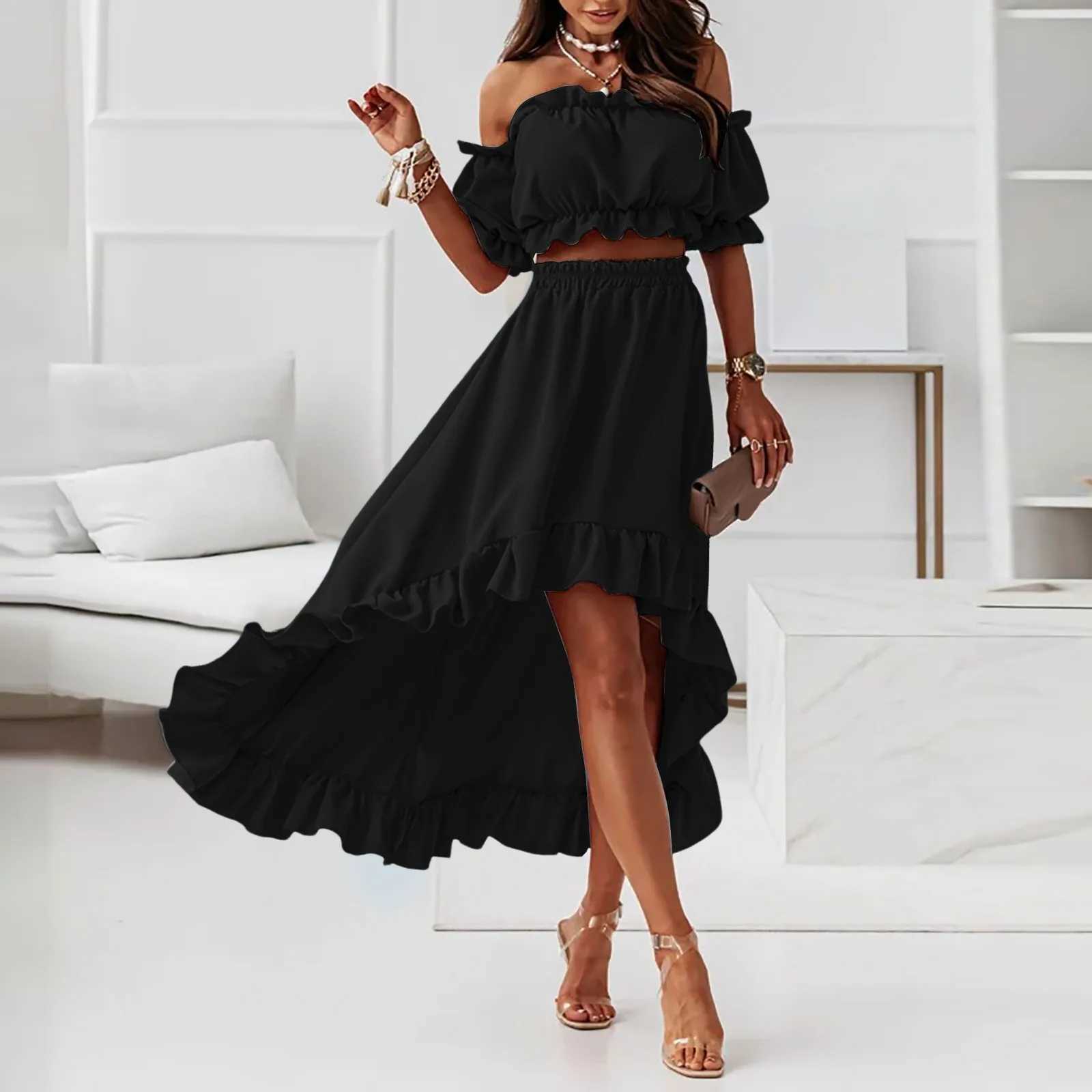 Womens Solid Off Shoulder Dress Line Neck Sexy Elastic Top Puffy Sleeve Long Ruffled Hem Skirt Dress Woman Suit Skirt For WomenXJ250514