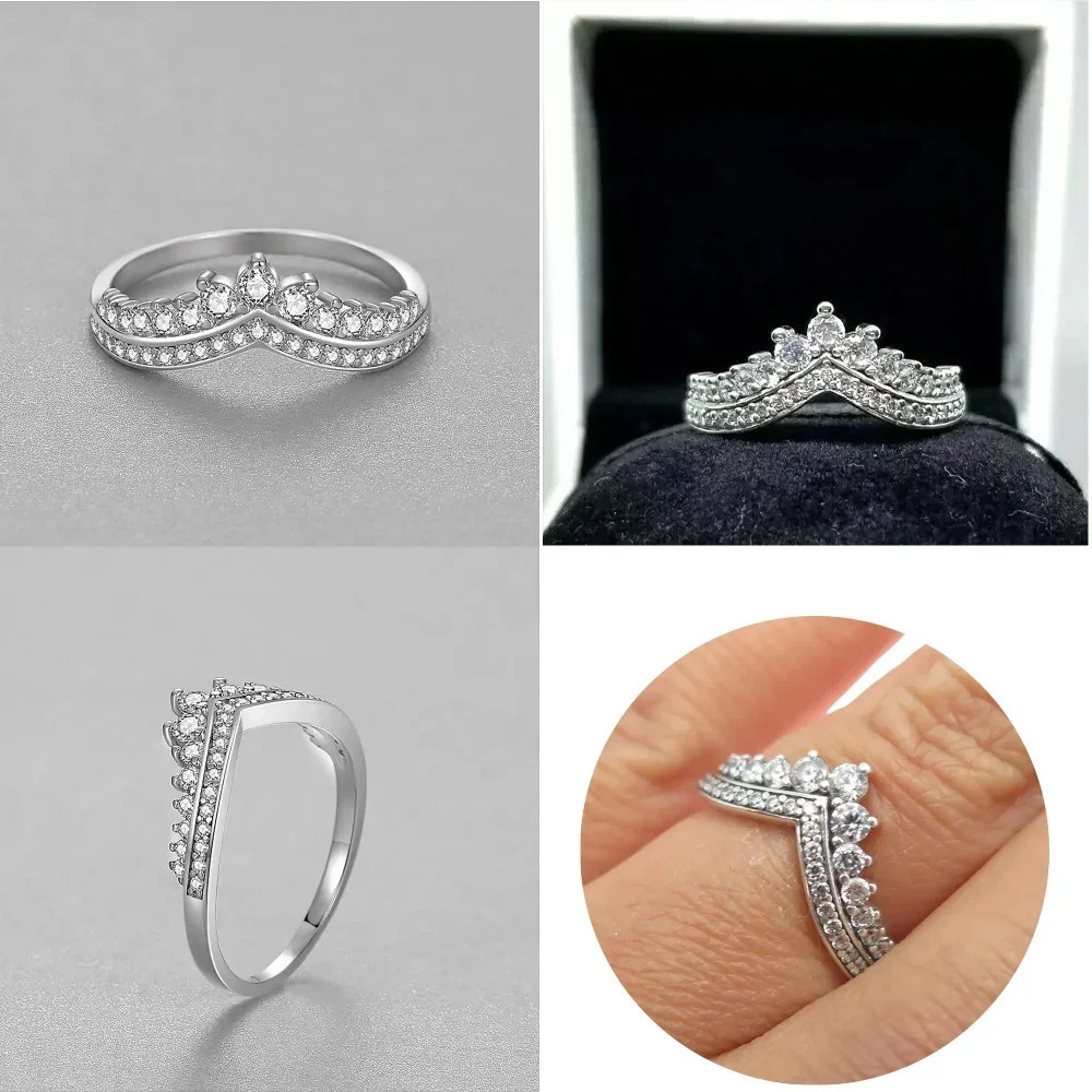 2025 Mothers Day 925 Silver Princess Crown Sparkling Zircon Rings for Women V-shape Wedding Anniversary High Quality Ring 250509