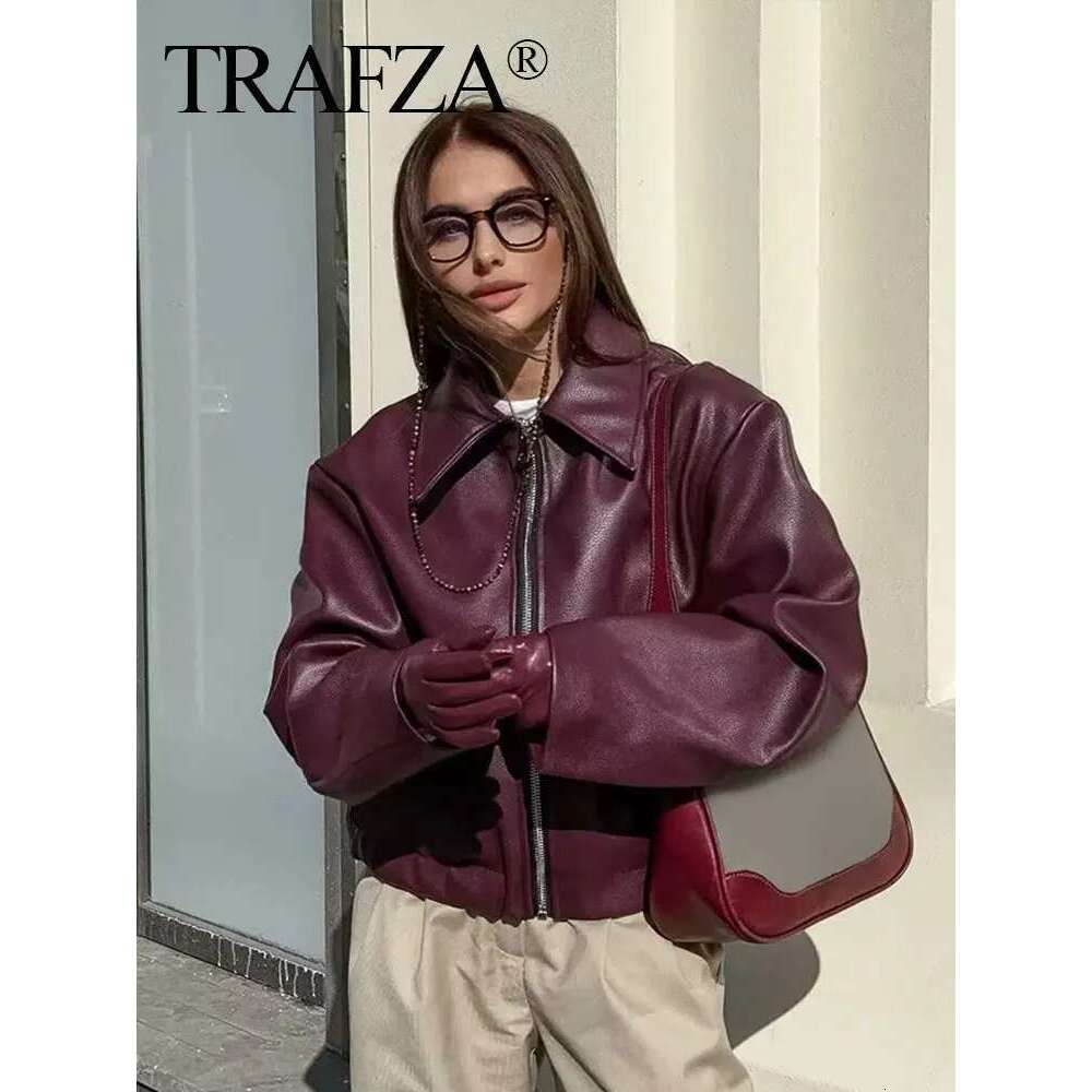TRAFZA Wine Red Faux Leather Jakcet Fashion Outerwear Thicken Zipper Lapel Pu Coats Autumn Winter Streetwear Ladies Tops Women Designer