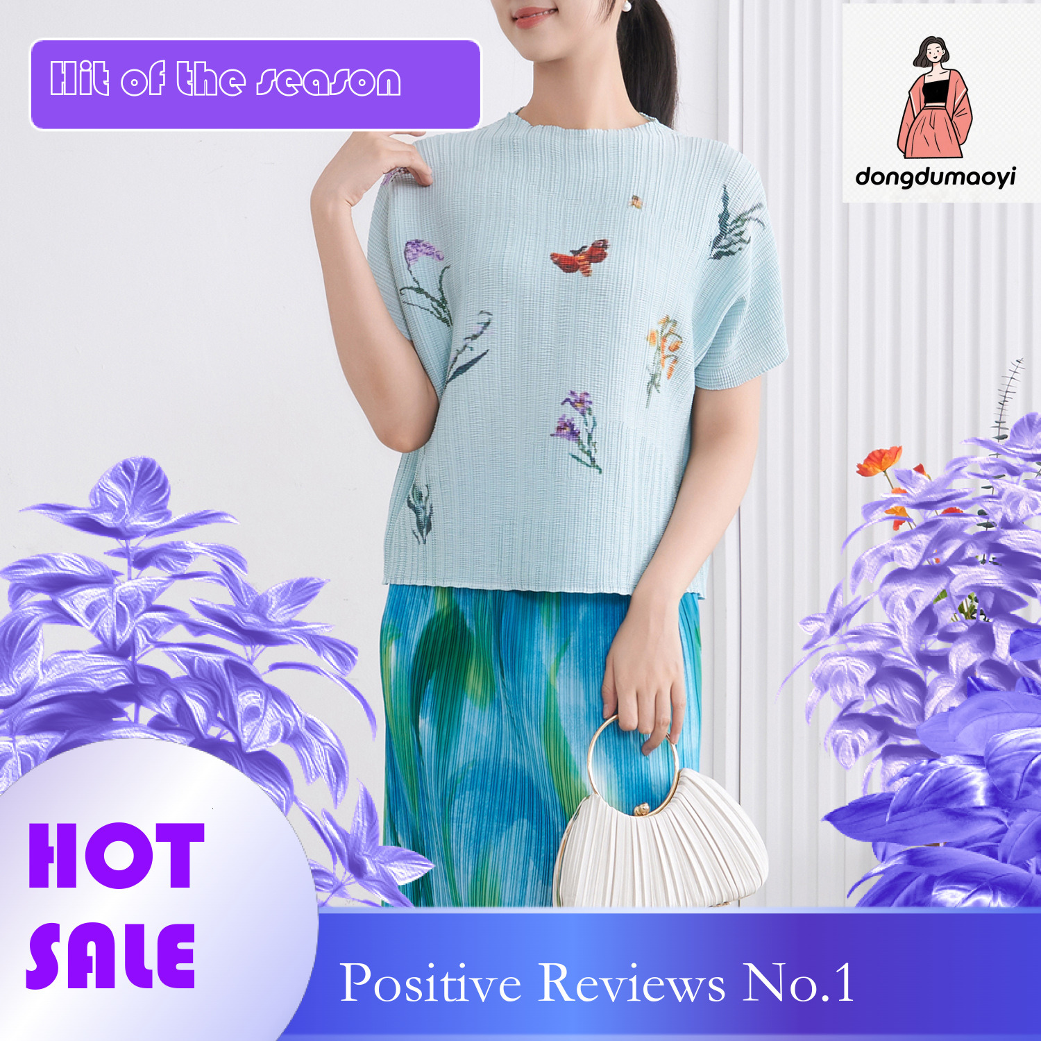 dongdumaoyi Short sleeved T-shirt with summer design sense, plant printed pleated top, slightly transparent and versatile top for women