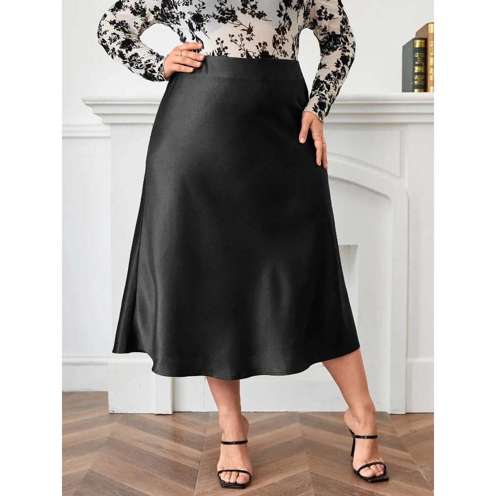 A Line Plus Size Skirts for Women High Waist Zipper Satins Big Swing Outfit Autumn Trendy Elegant Simple Fashion Clothing