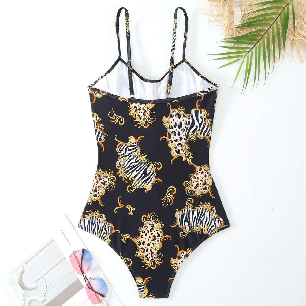 European American one-piece swimsuit for women, conservative slimming, retro printed with strip steel support, hard pack swimsuit, chiffon long skirt,