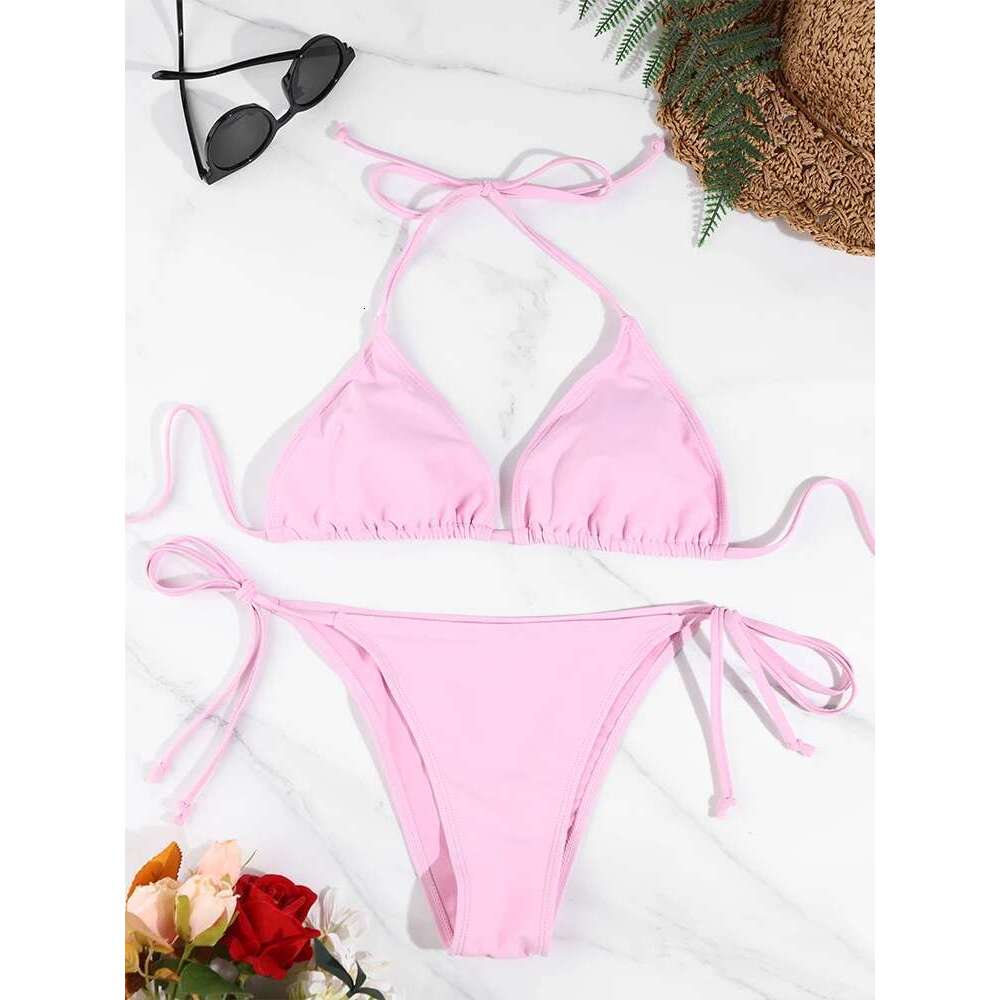 2 Pc Sexy Women Thong Solid Color Bikini Set Side Halter Tie Swimsuit Ladies Split Strap Adjustable Brazilian Swimwear Beachwear
