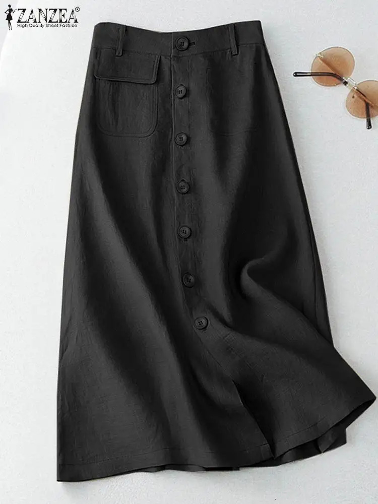 ZANZEA Women Casual Button Up Aline Skirts Summer Cotton Midi Elegant High Waist Solid Temperament Foldas 250514