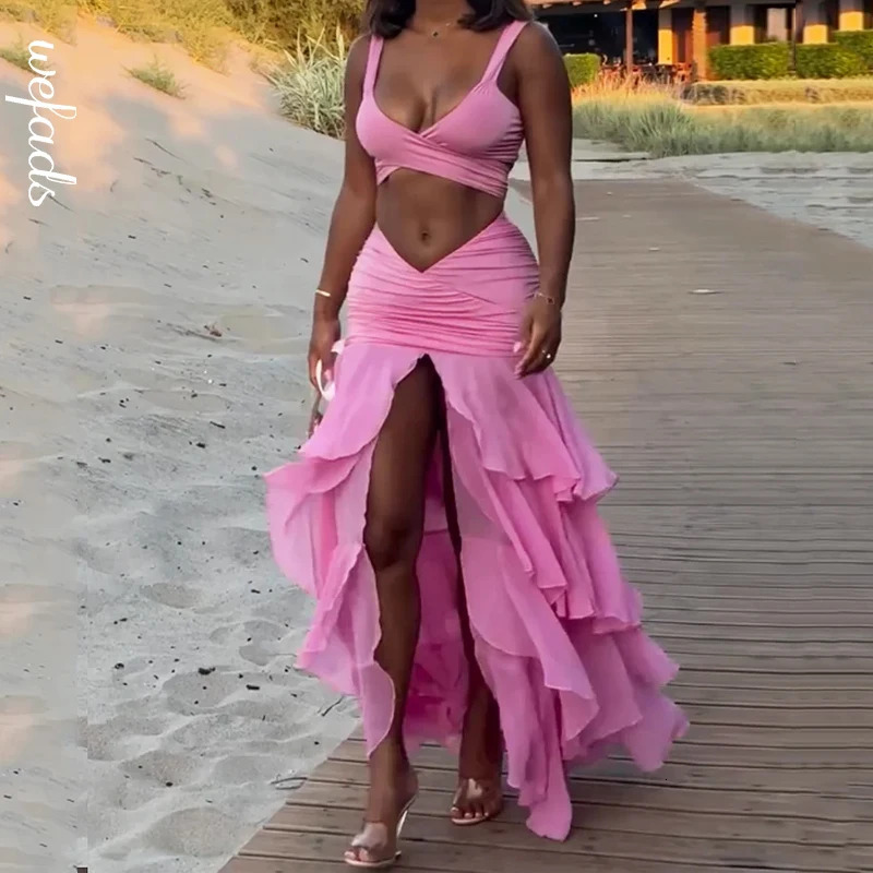 Wefads Women 2 Piece Set Summer Elegant Solid Sleeveless V Neck Hollow Out Backless Tank Top Layered Pleated Long Skirt Sets 250514