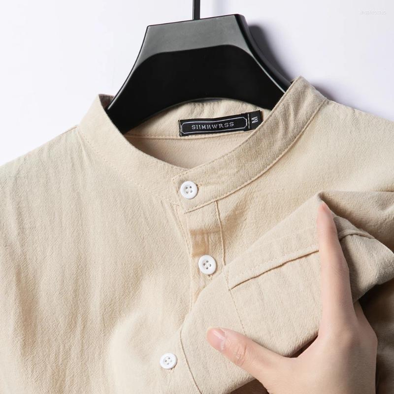 Mens T Shirts Summer Stand Up Collar Solid Color Short Sleeve Linen Shirt Trendy Breathable Loose Lightweight Basic Pocket Top