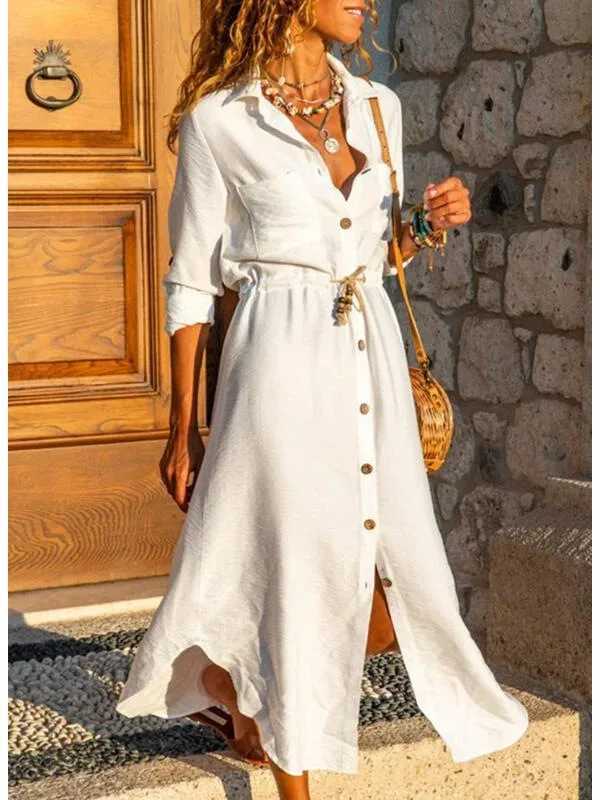 2025 Spring Cotton Oversize Women Dress Long White Button Loose Dresses Female New Summer Elegant Casual Trendy Ladies ClothesXJ250514