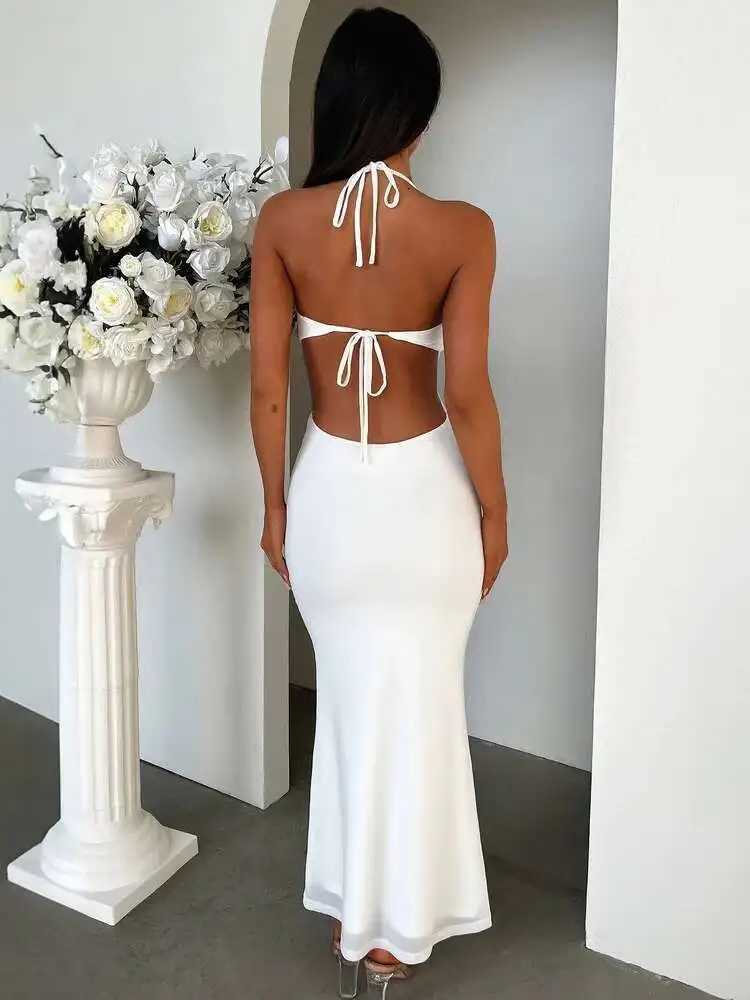 April White Halter Ruffle Backless Sexy Dress For Women Robes Elegant Evening Party Dress Bodycon Long Summer Dress VestidosXJ250514