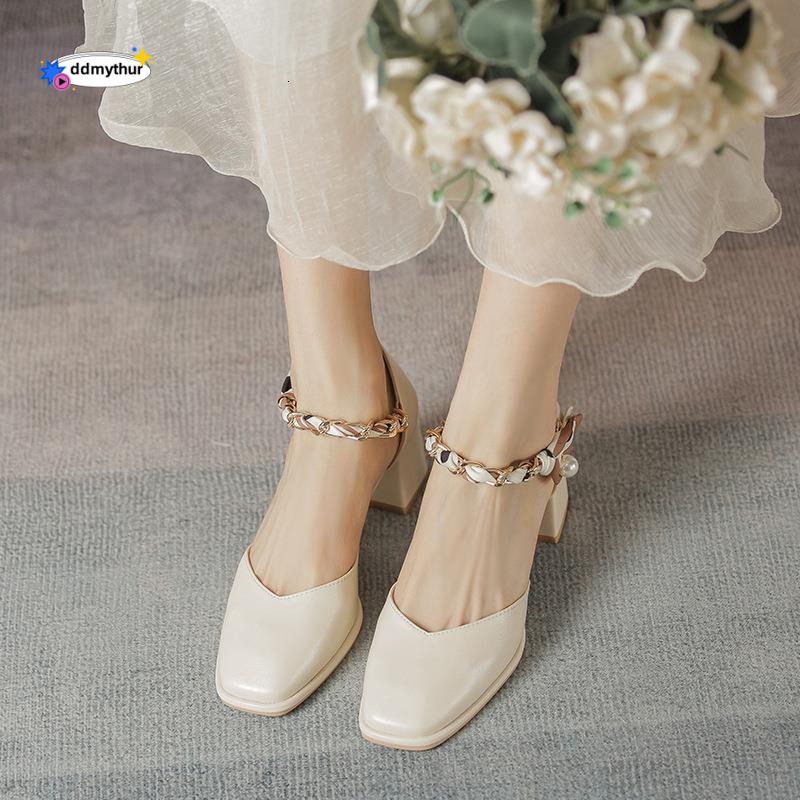 Comfortable square toe soft leather women's shoes for summer wear, tied ribbons, pearl ladies, thick high heels, and hollow sandals with a hood d