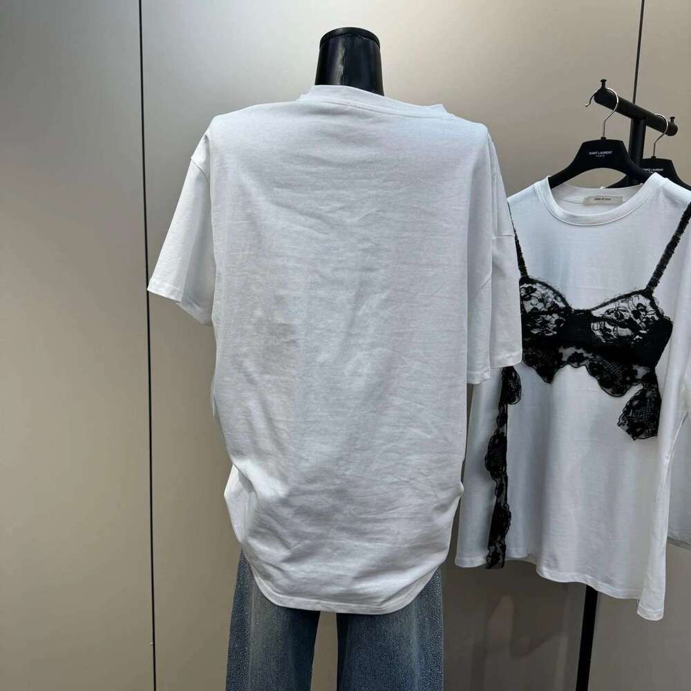 Getspring Women T 2025 New Short Sleeves Lace Ed Color Matching Tshirt Loose Casual Long White Tee Shirt Top Tshirts
