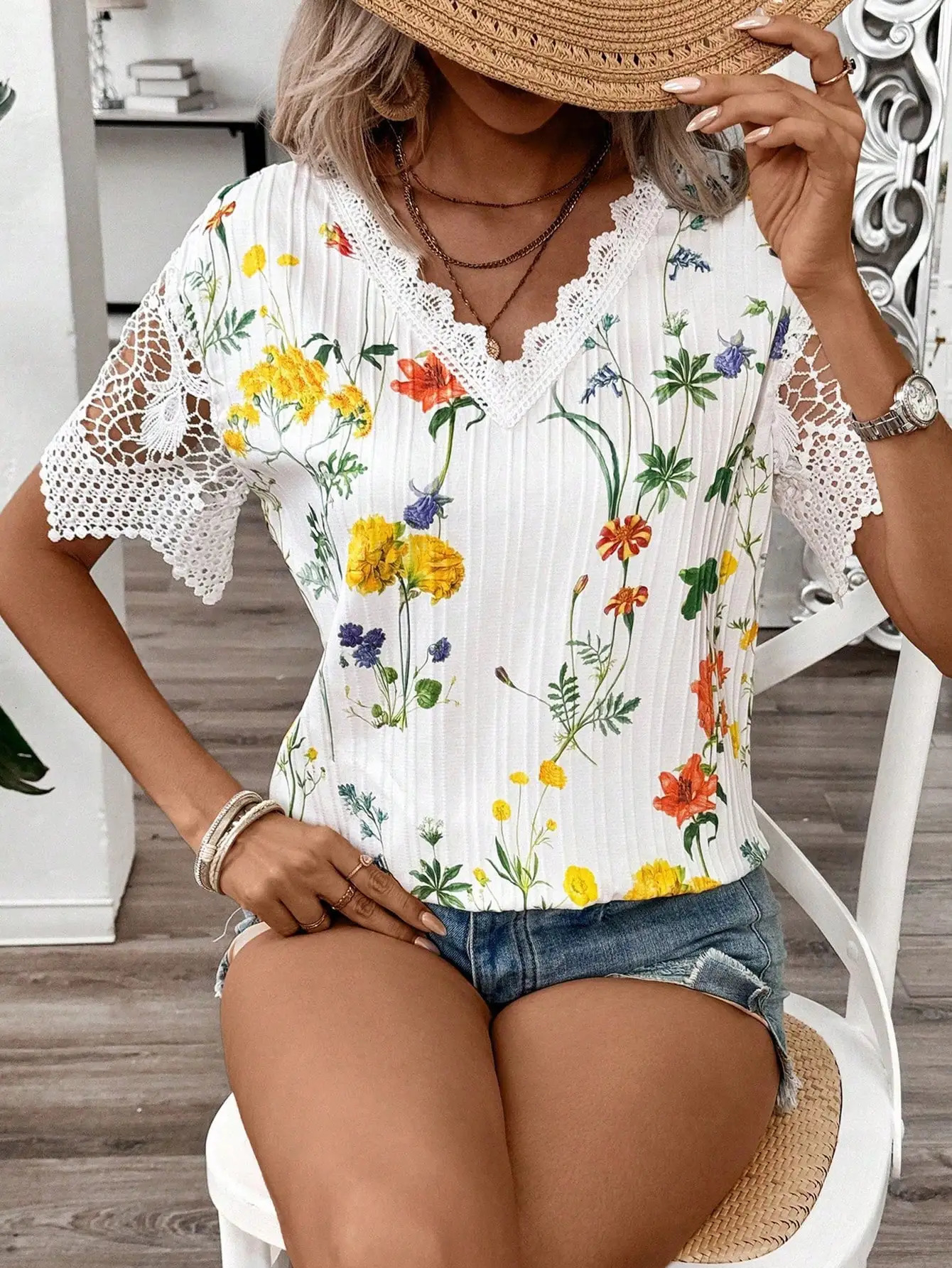 Elegant casual womens shirt Vneck short sleeve splicing lace wave stripe printed for women 250514