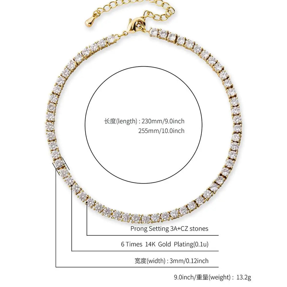 TOPGRILLZ Women Anklet 3mm Row Tennis Cubic Zirconia Anklet Choker Hip Hop Fashion Charm Jewelry For Gift Can Adjustable 250513