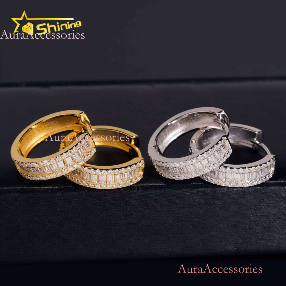 Fine Jewelry Sier Hip Hop Gold Plated Iced Out Baguette Moissanite Dia Hoop Earrings