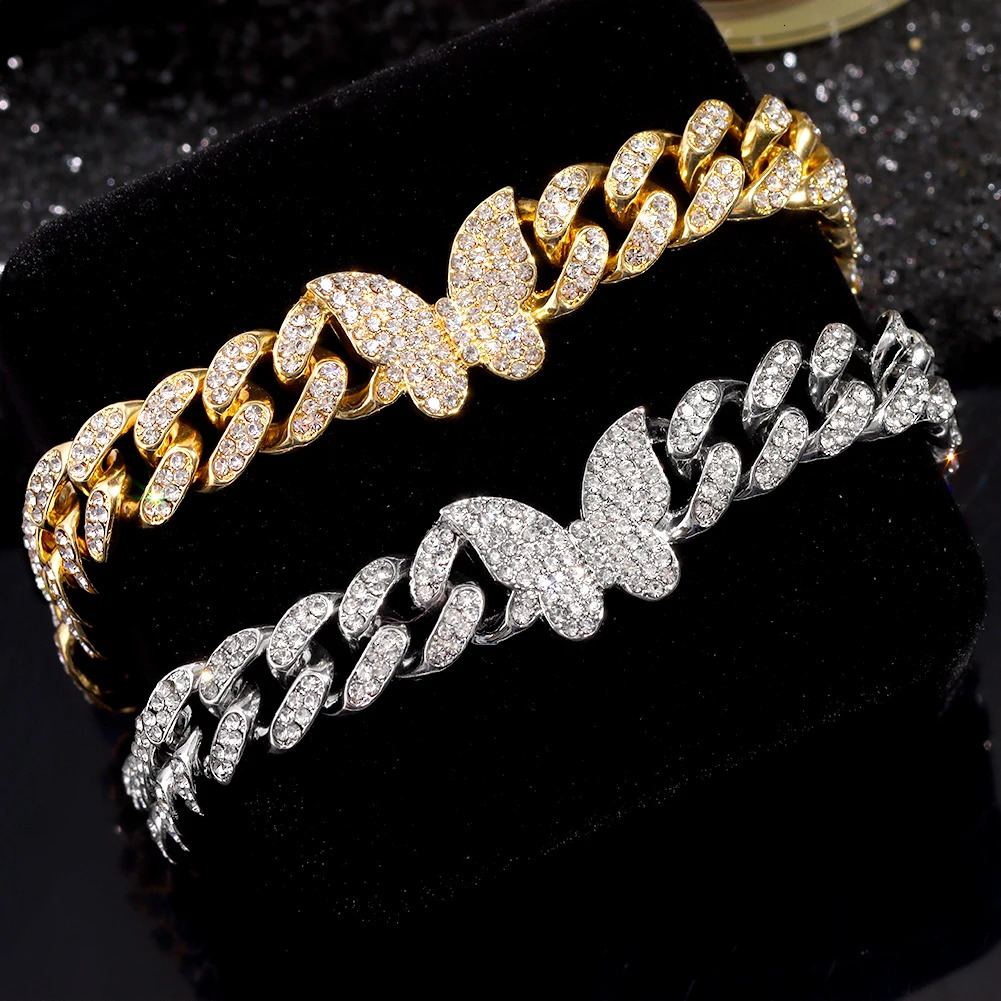 Fashion Shine Crystal Butterfly Miami Cuban Anklets for Women Iced Out Bling Cuban Link Chain Ankle Bracelet Beach Jewelry 250513