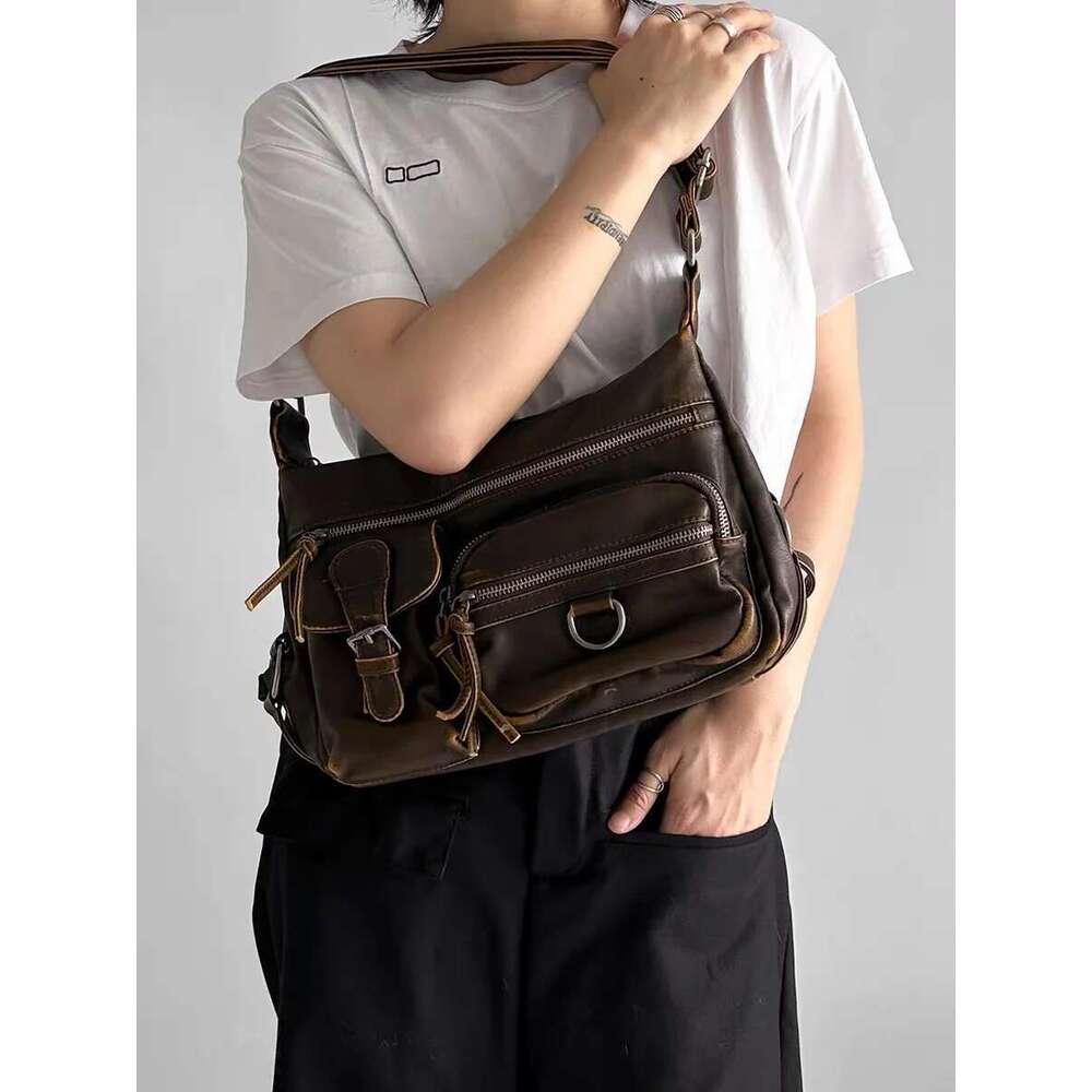 Vintage Multiple Pockets Women Shoulder Bags Washed Pu Leather Crossbody Retro Motorcycle Bag Y2k Sac For Girls 2024