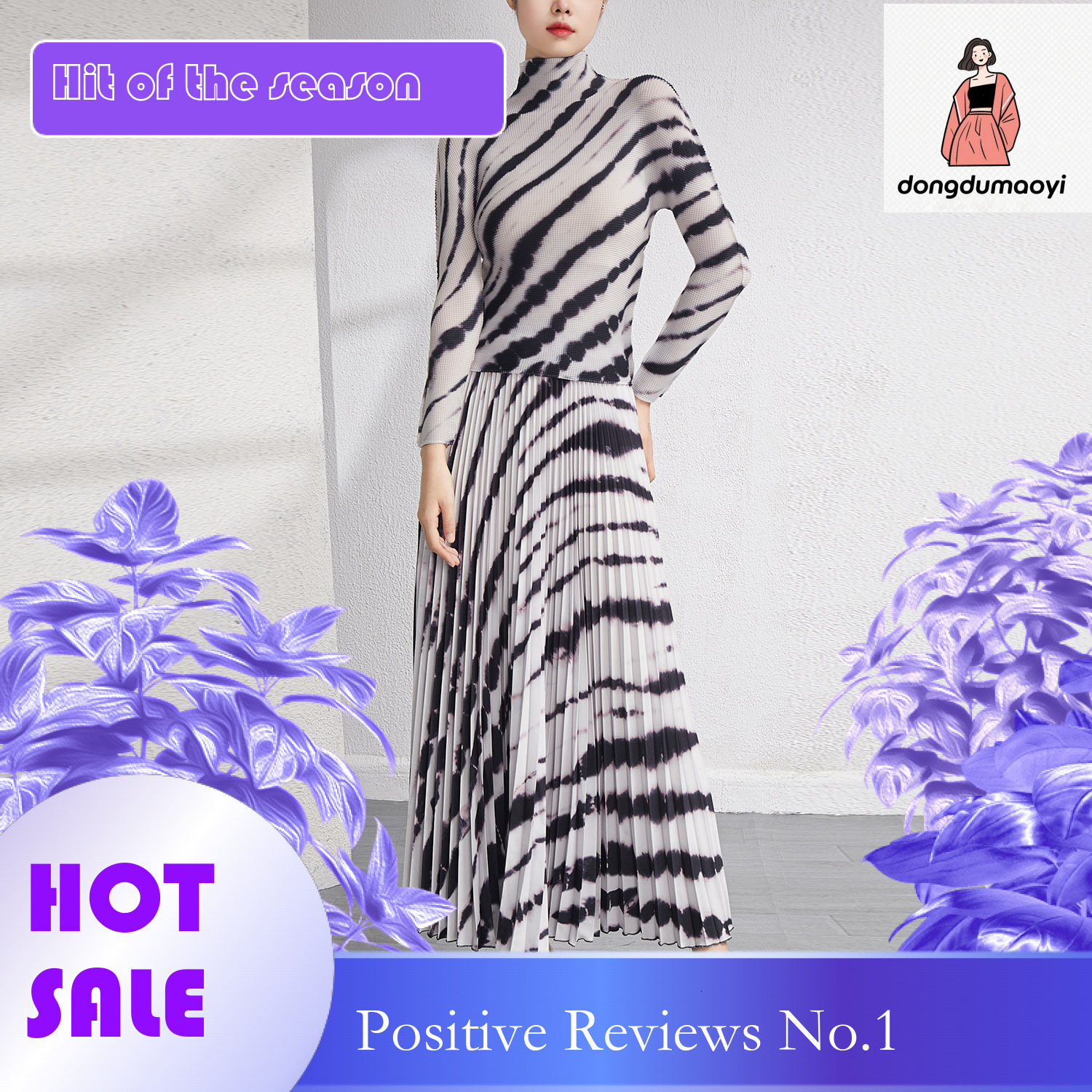 dongdumaoyi Miyake Fashion Set, Women's Fold Spring New Sleeve Bottom Shirt, Hanging High Waist Long Skirt, Two Piece Set