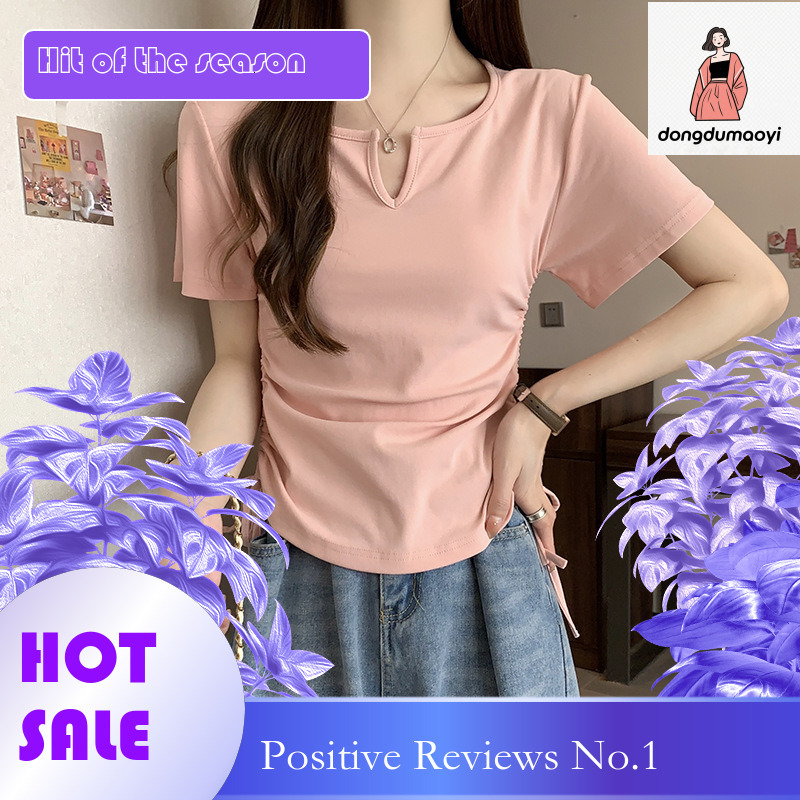 dongdumaoyi Design sense drawstring slim fit short sleeved T-shirt with exposed waist and spicy style women's clothing 2025 summer new sweet shou