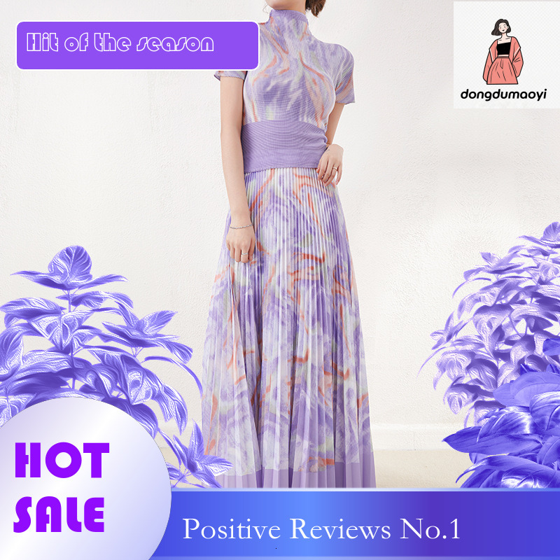 dongdumaoyi Miyake temperament set, fashion high-end women's printed short sleeved T-shirt, slim fit and slimming half skirt two-piece set