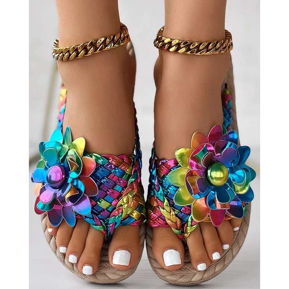 Women Fashion Casual Shoes Flat Vacation Holiday Holographic Braided ral Pattern Toe Post Beach Flip ps