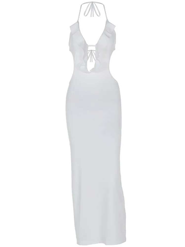 Solid Color Slim Halter Neck Dresses Women Sexy V-neck Hollow Out Backless Leace-up Bodycon Long Dress Trendy Party Club DressXJ250514
