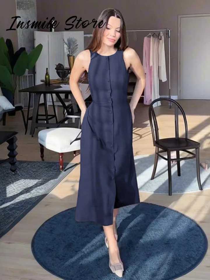 Casual Solid Lace Up Women Dress O-neck Sleeveless Single Breasted Loose Female Long Dresses 2025 Summer New Fashion Lady RobeXJ250514