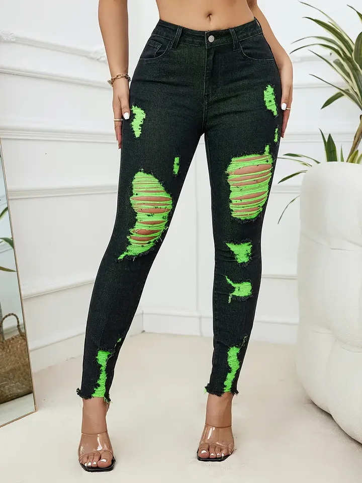 Summer Womens Ripped Jeans Fashionable High Stretch Skinny Denim Pencil Pants Slim Comfortable Knit Jeans S-2XL 250513