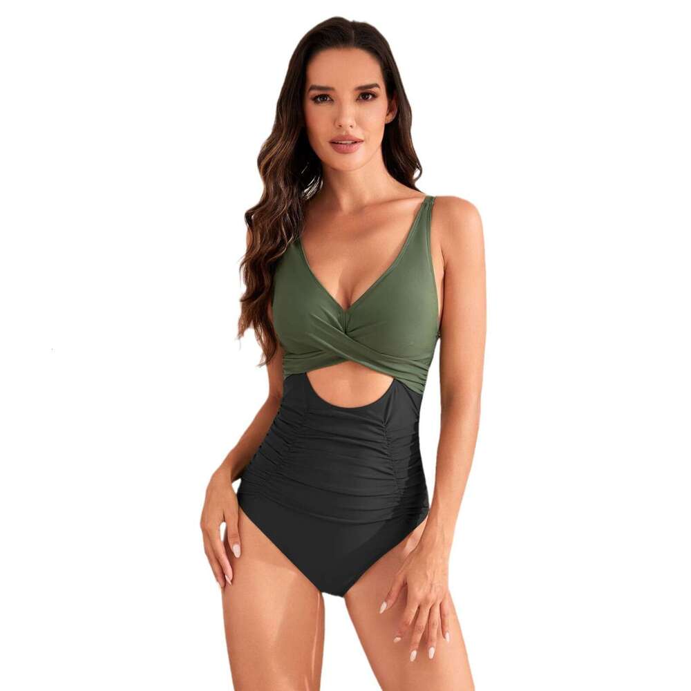 24 popular BS one-piece solid color cross bag pleated high waisted swimsuits, swimsuit, 2025 new casual versatile fashion clothing