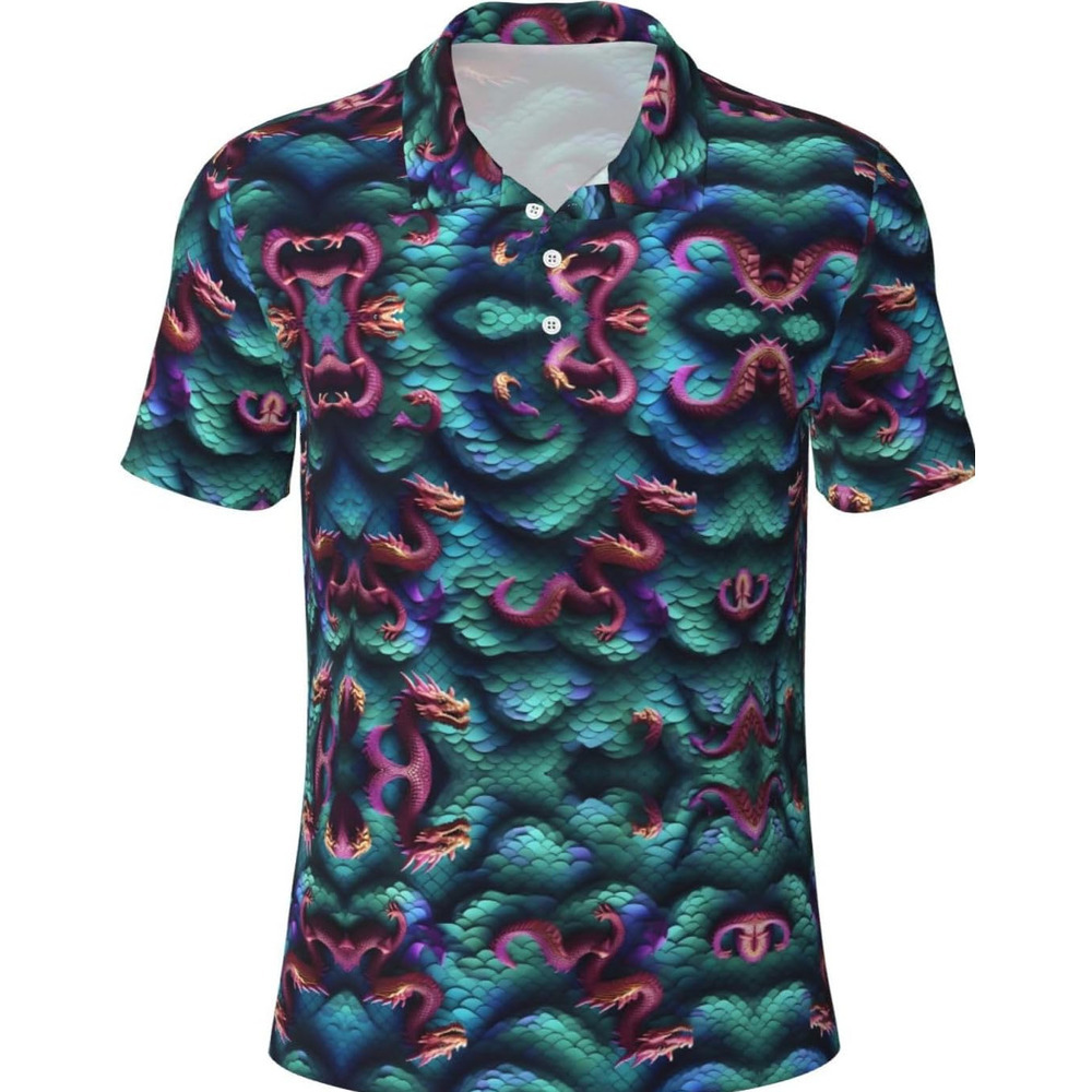 Mens Polo shirt 3D Magical Dragon Scales Pattern Print Men's Short Sleeve Polo Golf Shirts Summer Casual Button Shirts for Casual Formal Wear