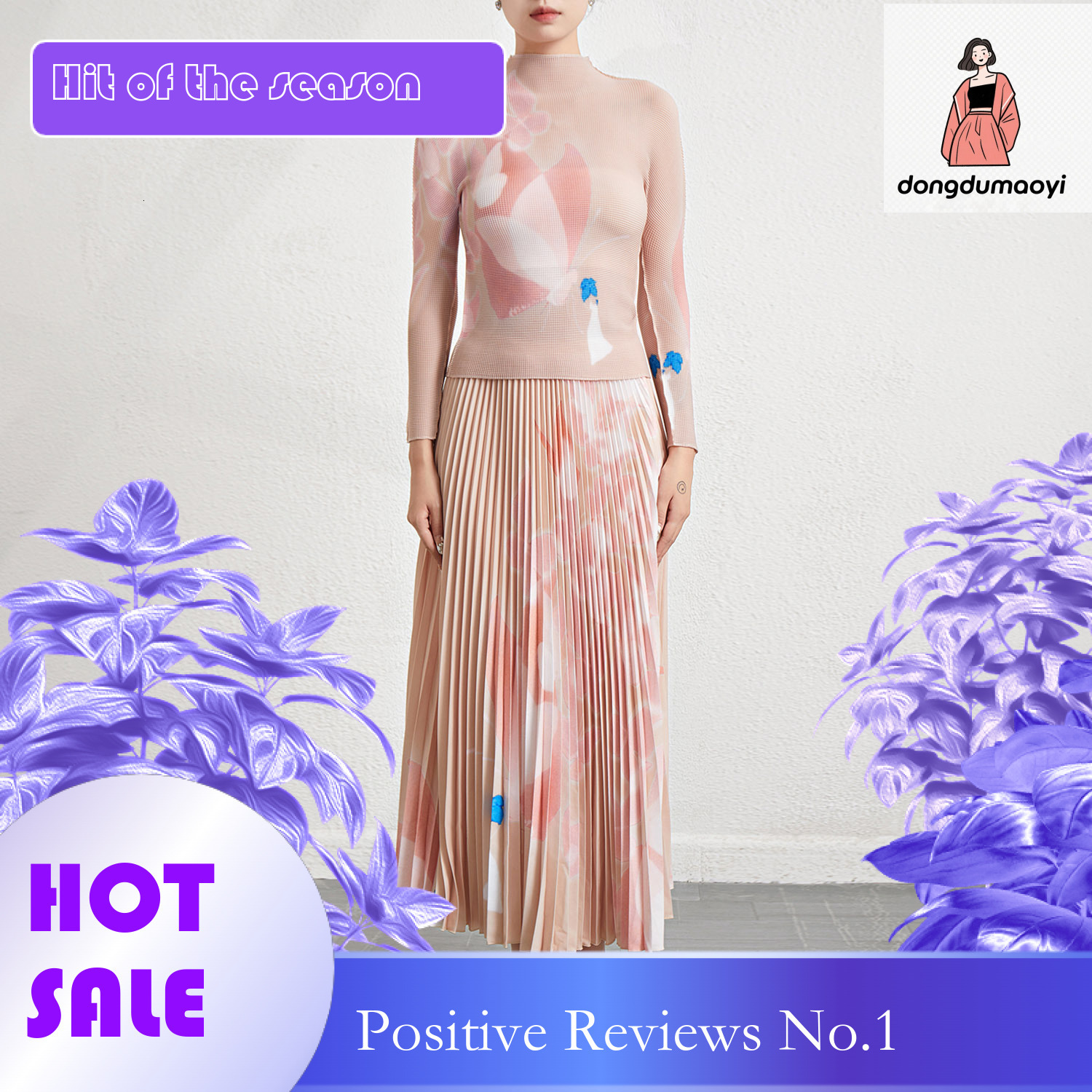 dongdumaoyi Western style fashion casual suit women's autumn new item elastic long sleeved printed T-shirt pleated skirt two-piece set